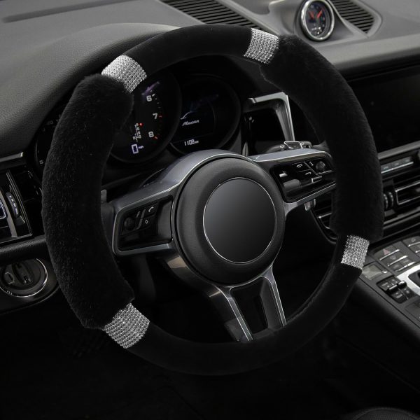Lilanglam Rhinestone Fluffy Steering Wheel Cover - Comfortable Non-Slip Luxury Faux Wool