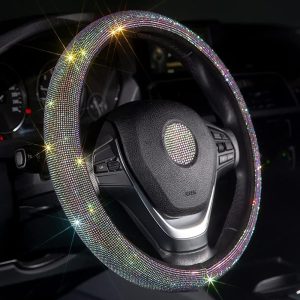 Lilanglam Car Bling Steering Wheel Cover for Women Girls 15 Inch Universal Colorful Crystal Rhinestone Diamond Rainbow