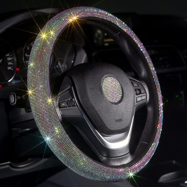 Lilanglam Car Bling Steering Wheel Cover for Women Girls 15 Inch Universal Colorful Crystal Rhinestone Diamond Rainbow