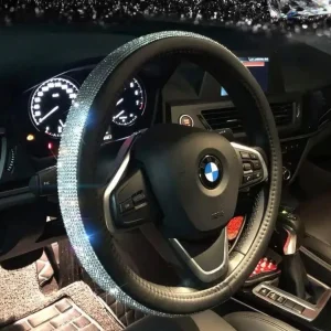 Lilanglam Diamond Leather Steering Wheel Cover with Bling Crystal Rhinestones Universal Fit 15 Inch Car Wheel Protector for Women
