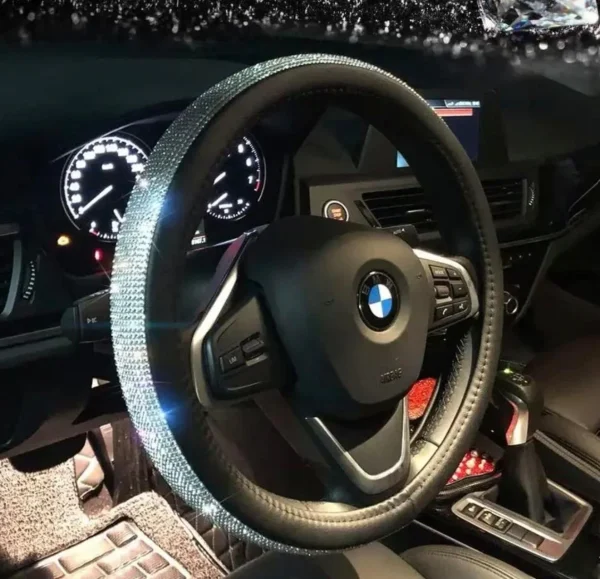 Lilanglam Diamond Leather Steering Wheel Cover with Bling Crystal Rhinestones Universal Fit 15 Inch Car Wheel Protector for Women