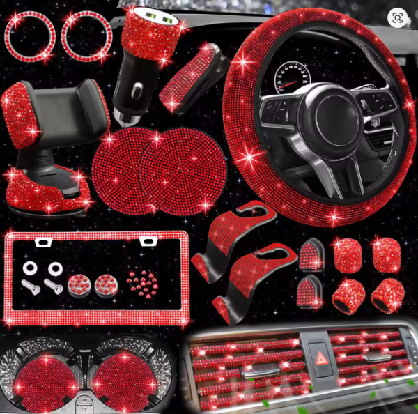 Lilanglam Diamond Car Set - Non-Slip Steering Cover & US License Plate Frame with Rhinestones for 27pcs