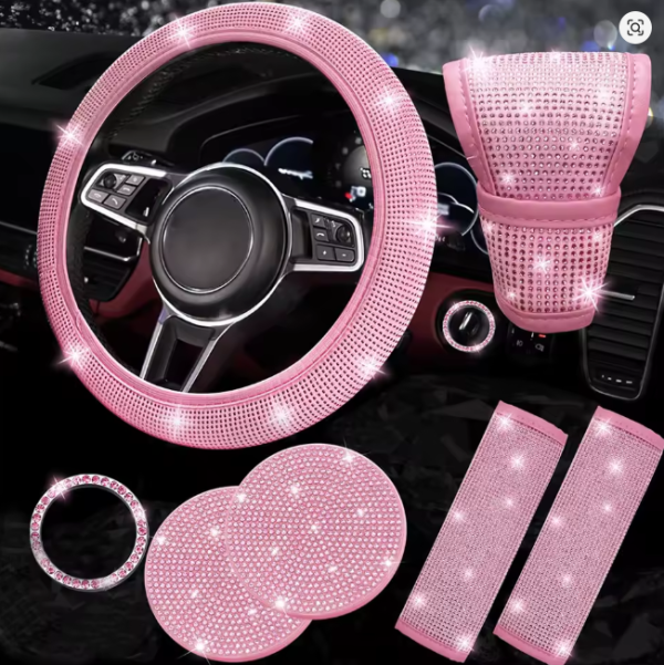Lilanglam Sparkling Diamond Car Steering Wheel Cover & Rhinestone Seat For Women Girls Cute Glitter Steer Wheel Cover Car Accessories