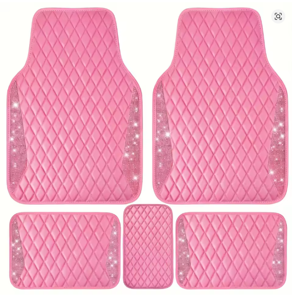 Lillanglam Bling Leather Car Floor Mats Full Set, Sparkly Diamond Car Mats Universal Fit MostAutomotive, Glitter Rhinestone Carpet Waterpro