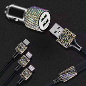 Lilanglam 3 in 1 Car Charger 5V 2.4A Diamond Fast Charging Cable for iPhone Android Type-C Phone Car Bling Accessories For Woman
