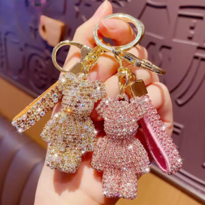 Lilanglam Cute Rhinestones Tassel Bear Keychain Couple Keychain Girl Decoration Small Pendant Car Key Ring Student Bag Pendant