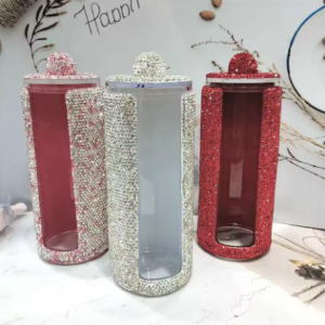 Lilanglam Sparkling Acrylic Brush Organizer with Lid Rhinestones Cosmetic Organizer Round Make Up Box Makeup Storage Bedroom Organizer