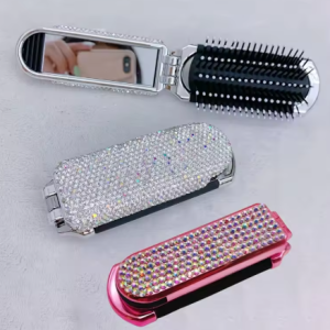 Lilanglam Mini Portable Travel Hair Brush Diamond Folding Air Cushion Massage Comb Anti-Static with Mirror Straight Hair Comb Accessories