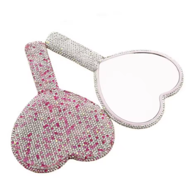 Lilanglam New Rhinestone Makeup Mirror with Handle Shiny Bling Cosmetic Hand Mirror Portable Round Square Heart Shape Handheld Mirror