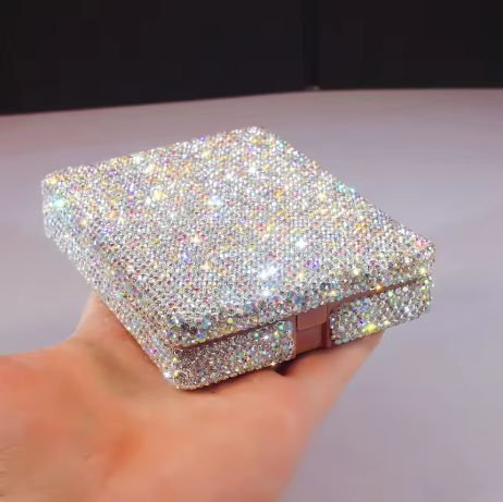 Lilanglam Mini Portable Makeup Brush Set Rhinestones Mirror Storage Box Eyeshadow Loose Powder Bloom Foundation Brush Soft Organizer Gifts