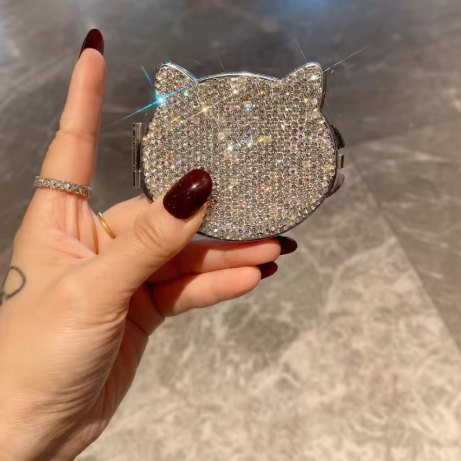 Lilanglam Luxury cosmetic mirror artificially diamond-encrusted cat folding HD double-sided mini portable