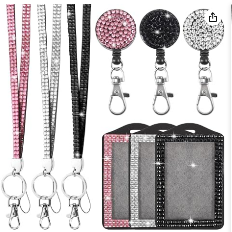 Lilanglam 9 in 3 Sets 3 Color Upgraded Rhinestone Lanyard for ID Badges for Women Cute