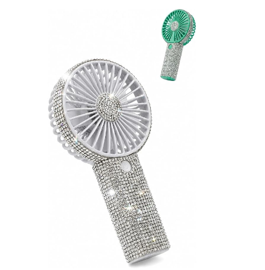 Lilanglam Bling Handheld Fan Portable Rechargeable, Rhinestone Mini Fan with USB-C Charging, Up to 18H Battery Life, 3-Speed Personal Hand Face Fan for Beach,Travel,Dorm Room Essentials (White)
